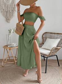 SHEIN LUNE Bộ 2 chiếc váy xếp nếp lệch vai màu trơn có vạt trên và váy xẻ tà - màu xanh lá - Xem 3