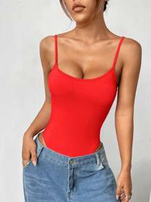 SHEIN EZwear 针织无袖露背紧身衣 - 紅色 - 查看 2
