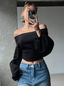 DAZY 女士休闲露肩短款运动衫，春秋装，秋季女装 - 黑色 - 查看 4