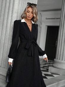 SHEIN Privé Minimalist Stylish High-End Commute Sensor Textured Fabric Color Block Waist Flattering Long Sleeve Dress For Women Fall Cloth For Women - Black and White - View 4