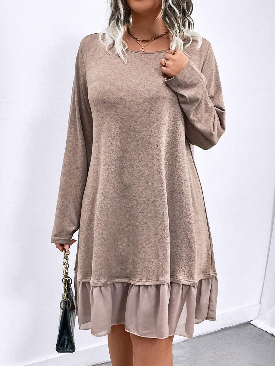 SHEIN LUNE Plus Size Women Spring Summer Solid Color Crew Neck Long Sleeve Loose Ruffle Hem Casual Dress - Pink - View 1