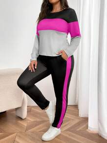 SHEIN LUNE 2 件大码女式舒适拼色休闲家居服 - 上衣和紧身裤 - 彩色 - 查看 5