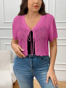 SHEIN Essnce Plus Size V-Neck Ruffled Hem Hollow Tie Front Knitted Short Sleeve Cropped Cardigan - Hot Pink - View 3