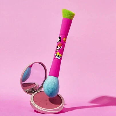 THE POWERPUFF GIRLS X SHEIN 1 Cọ trang điểm hai đầu hình hoạt hình dễ thương màu hồng Blossom, Bubbles, Buttercup, Y 2 K