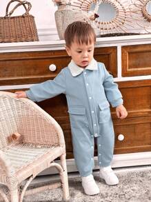 SHEIN 男婴纽扣长袖可爱纹理加厚羊毛连帽连体衣，带大口袋 - 藍色 - 查看 1