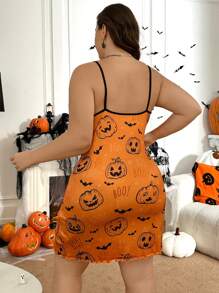 加大码细肩带露背万圣节南瓜字母印花宽松舒适睡袍吊带连衣裙
