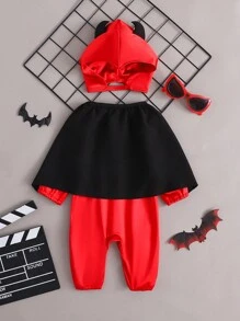 SHEIN Baby Boy/Girl Halloween Red Demon Jumpsuit Costume, Made Of Metallic-Look Fabric, With 3D Horns & Ears Hat, Fashionable Black Cape With 3D Tail Design, Elastic Cuffs & Ankles For Comfort. Suitable For Outdoor Activities, Casual Wear, Sports Or Party - Red - View 5
