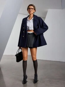 SHEIN Privé 法式通勤直筒双排扣金属纽扣翻领女士大衣，女士深秋优雅双扣常规袖翻领宽松藏青色纯色女士大衣，职业/商务装/工作服