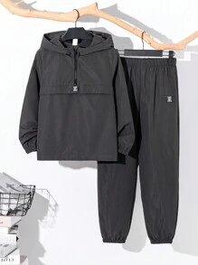 SHEIN 2pcs Tween Boy Half Zip Hoodie Jacket & Jogger Pants Set, Casual Sports Style For Fall/Winter