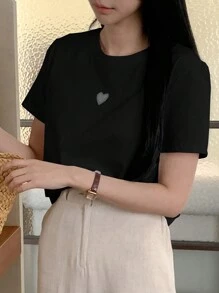 DAZY 女士夏季休闲心形图案短袖黑色 T 恤 - 黑色 - 查看 3