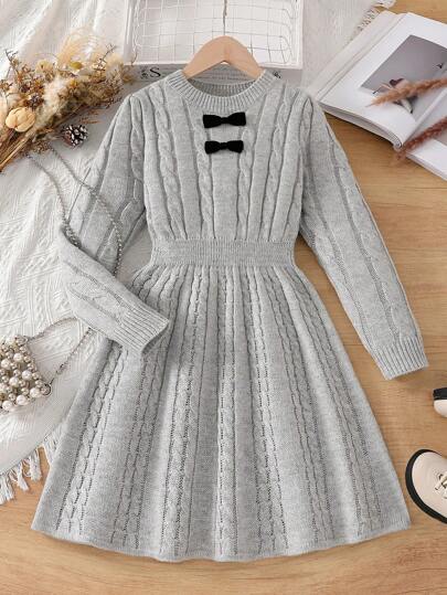 Tween Girls Sweater Dresses - Fashion  Elegant Cute Bow Puff Sleeve Dress