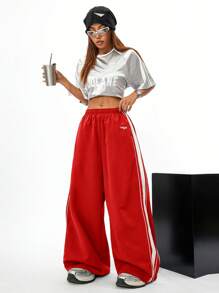 Coolane 女士春夏休闲运动嘻哈条纹纹理装饰运动裤 - 紅色 - 查看 4