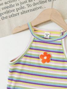 SHEIN Tween Girl Knit Floral Patch Colorful Striped Pullover Casual Tank Top - Baby Blue - View 6