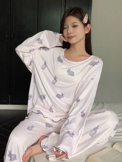 DAZY Long Sleeve Rabbit All Over Print Top And Pants Pajama Set, Fall Winter Clothes