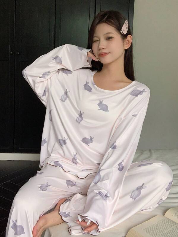 DAZY Long Sleeve Rabbit All Over Print Top And Pants Pajama Set, Fall Winter Clothes