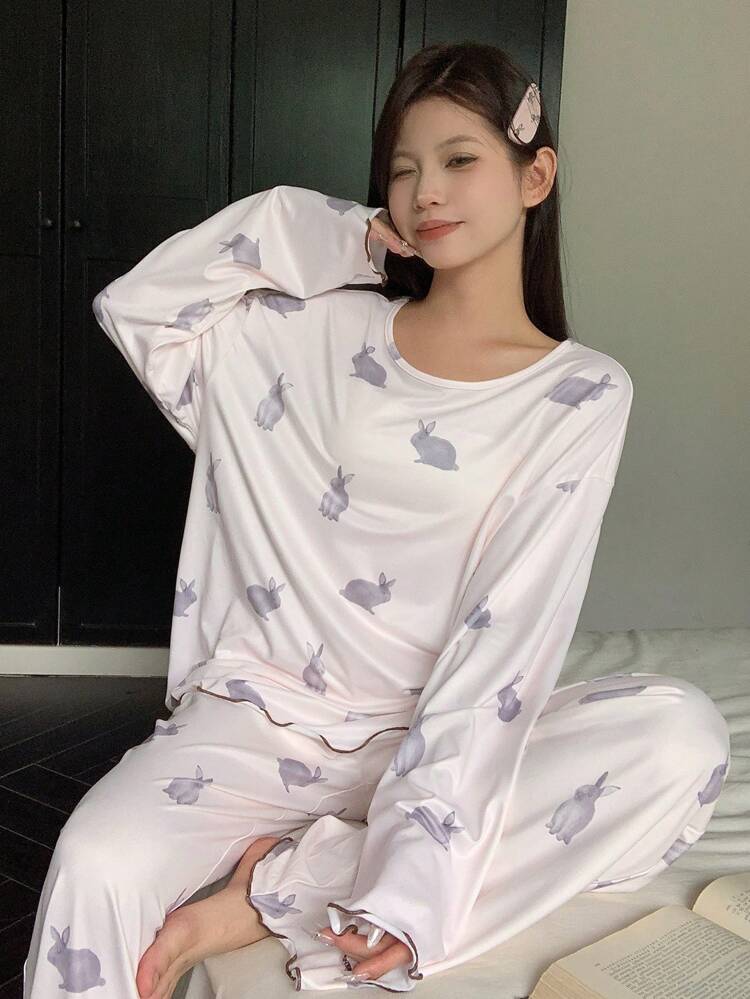 Long Sleeve Rabbit All Over Print Top And Pants Pajama Set, Fall Winter Clothes