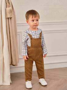 SHEIN 2pcs Baby Boys European Style Long Sleeve Ruffle Collar Top + Corduroy Overalls Set, Spring/Autumn - Brown - View 3