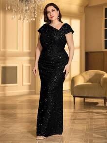 UNITHORSE 大码亮片褶皱不对称领口正式礼服派对礼服婚礼宾客礼服晚礼服新娘礼服生日女士服装毕业礼服晚礼服春季优雅黑色 - 黑色 - 查看 6