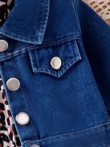 SHEIN Baby Girl Solid Color Front Buttoned Long Sleeve Denim Jacket + Leopard Printed Suspender Pants Set With Necktie - Multicolor - View 4