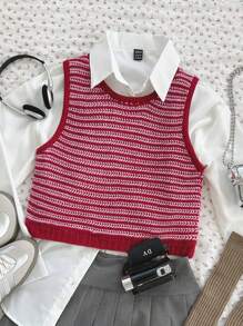 Soleia Camiseta de punto básica rosa con rayas y tela de punto acanalado para mujer con estilo de vacaciones