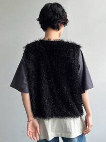 FRIFUL 女士毛绒休闲开衫外套，秋季女装背心大衣 - 黑色 - 查看 4