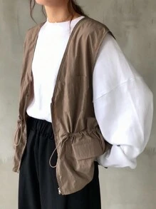 FRIFUL Women Regular Waist Cinched Vest Jacket