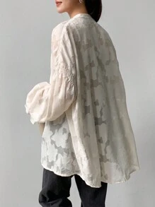 FRIFUL 女式花卉刺绣圆领喇叭袖纽扣宽松优雅衬衫，春夏 - 白色 - 查看 7