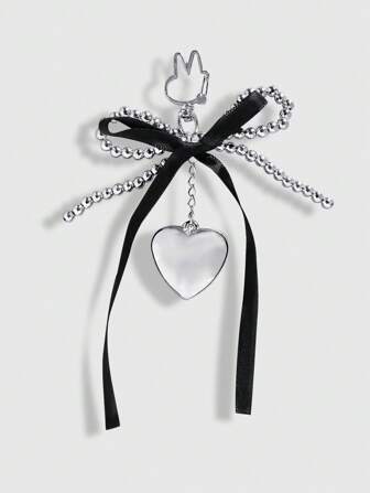 Kawaii 1pc Silver Heart Shaped Pendant With Handmade CCB Bead, Black Ribbon Bow Design Keychain, Compatible With Bags, Dark Gothic Stylish With High Aesthetic, Suitable For Women's Daily Wear, Holiday Gift