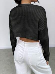 SHEIN Unity Simple V-Neck Long Sleeve Cropped Solid Color Black Sweater, Casual Daily Wear, Knit Pullover Fall Winter - Black - View 2