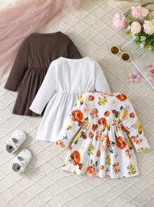 3pcs Baby Girls' Floral Print & Solid Color Long Sleeve Dress, Casual Outdoor Wear For Spring/Fall