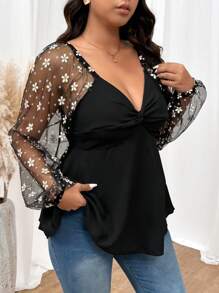 SHEIN Frenchy 大码秋季黑色蕾丝拼布透视长袖上衣、休闲装、万圣节 - 黑色 - 查看 6