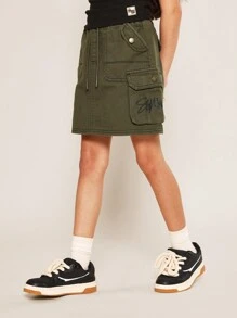 SUMWON Tween Girls Denim Rib Tank Top And Cargo Skirt 2 Piece Set - Army Green - View 4