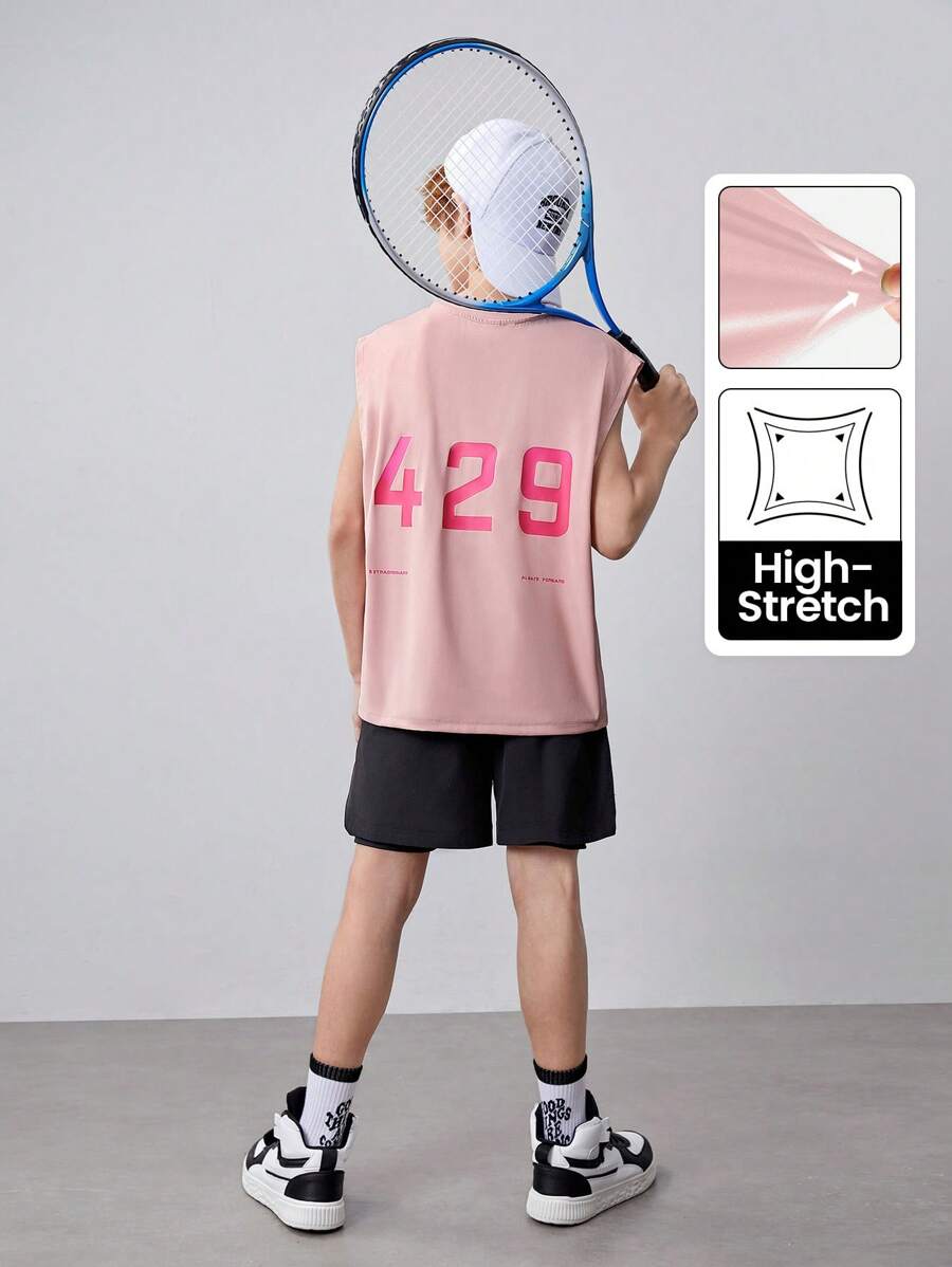 SHEIN Tween Boy Knitted Solid Color Letter Print Vest And Anti-Walk Shorts Sports Set - Multicolor - View 1