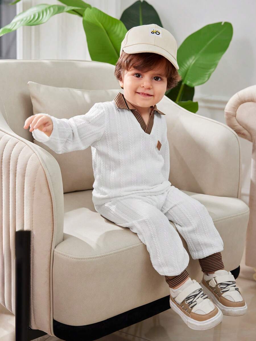 2pcs/Set Baby Boy Polo Collar Jacquard Long Sleeve Shirt And Pants Set, Casual Autumn Outfit