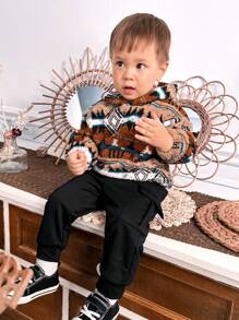 SHEIN 2pcs Baby Boys'  Long Sleeve Sweatshirt And Pants Set With Plush Retro Pattern