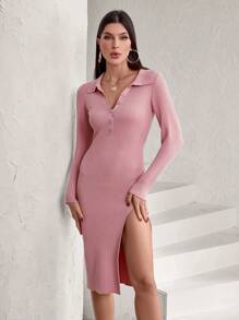 Femmeiva Elegant & Versatile V-Neck Split Hem Fitted Knit Sweater Dress Fall Cloth For Women - Dusty Pink - View 6