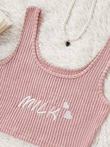 SHEIN Conjunto de pijama de mujer con top de tirantes con cuello redondo y bordado de letras, shorts y pantalones con estampado total, esponjoso, ropa de otoño e invierno, acogedor - Rosa - Ver 6