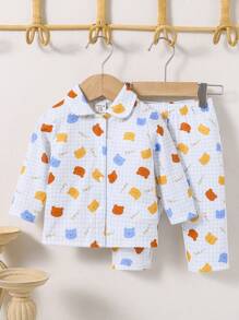 2pcs Casual Baby Boy Full Print Bear Graphic Long Sleeve Cardigan And Pants Lounge Set - Multicolor - View 1