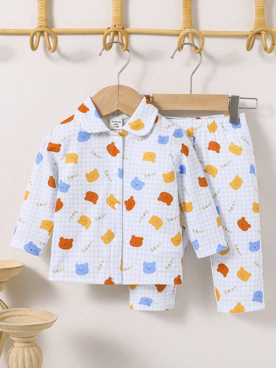 2pcs Casual Baby Boy Full Print Bear Graphic Long Sleeve Cardigan And Pants Lounge Set - Multicolor - View 1