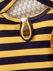 SHEIN Set Baju Terusan Bayi Perempuan Motif Garis-garis Lebah Lengan Panjang + Bordir Lebah - Kuning - View 7