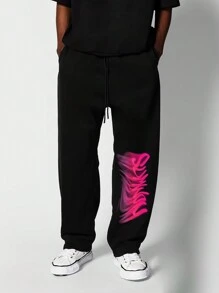 SUMWON Oversized Streetwear Athletic Jogger Sweatpants With Artistic Print Fall Winter Collection Urban Casual Workout Training Fitness Sport Loungewear - Black - View 1