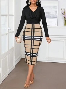 SHEIN Lady 办公室连衣裙围脖领长袖格子黑色和卡其色女士连衣裙春夏休闲优雅工作