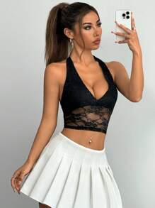 SHEIN EZwear Women's Halter Neck Lace Backless Lace Design Sexy Fashion Tank Top