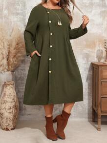 EMERY ROSE Đầm suông rộng rãi, cổ tròn, tay dài, màu trơn, đơn giản, dáng rộng, mùa thu, cỡ lớn cho nữ - Nhiều màu - Xem 5