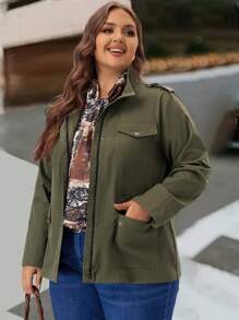EMERY ROSE Plus Size Women's Zip-Up Front Pocket Military Green Cargo Jacket,Fall Clothes