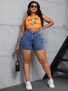 SHEIN SXY Plus Size Front Button Multi-Pocket Denim Shorts, Casual Daily Wear