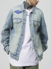 Manfinity Roughcore Jaket Denim Lengan Panjang Pria Warna Polos dengan Saku Tempel dan Kancing Depan - Biru - View 5