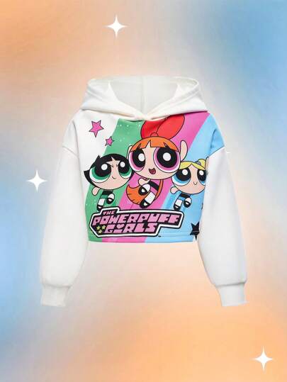 THE POWERPUFF GIRLS X SHEIN Young Girl Cartoon Power Puff Girls Print Casual Loose Dropped Shoulder Crop Hoodie,For Fall And Winter