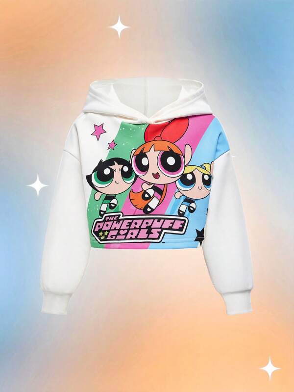 THE POWERPUFF GIRLS X SHEIN Sudadera corta de estilo casual con estampado de dibujos animados, hombros caídos, para niña, para otoño e invierno