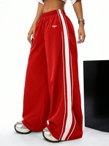 Coolane 女士春夏休闲运动嘻哈条纹纹理装饰运动裤 - 紅色 - 查看 1
